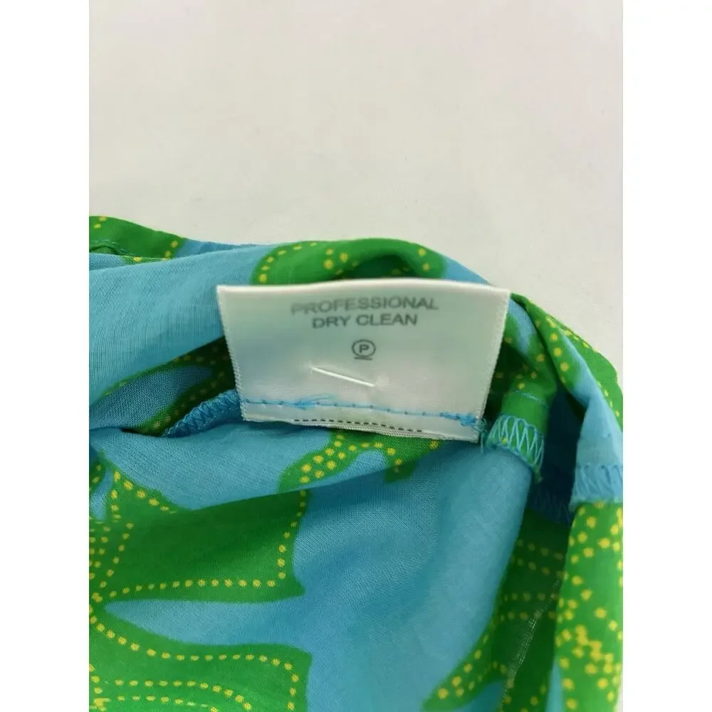 Tory Burch Tank Top Women's Sz 14Bright Green Blue Leaf Ruffled Button Shirt Lux